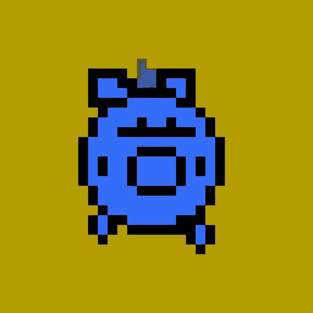 a pixel art drawing of a blue circle with a square in the middle