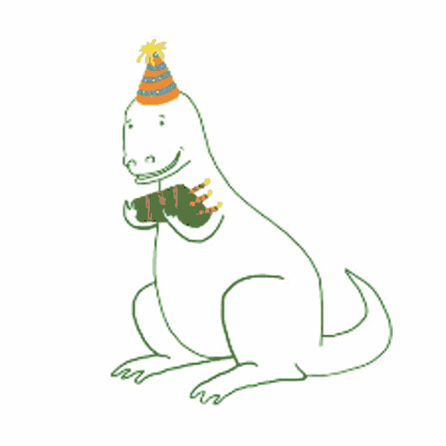 a dinosaur wearing a party hat is holding a birthday cake