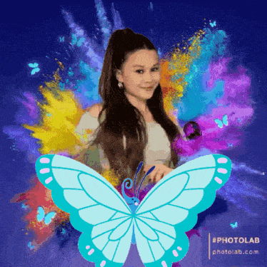 a girl with a ponytail is surrounded by a butterfly and a photolab logo