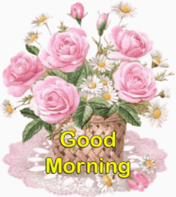 a bouquet of pink roses and daisies with the words " good morning "