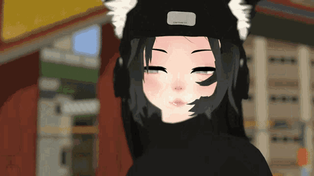 a cartoon girl wearing a black hat with a white label that says carhartt on it