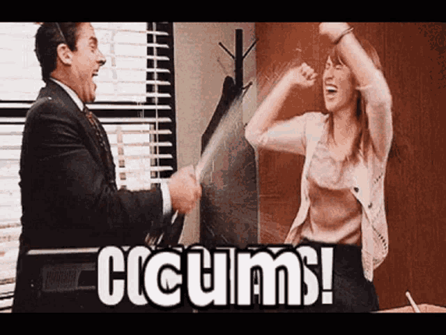 a man and a woman are having a fist fight in an office and the woman is screaming .