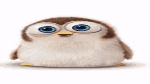 a stuffed penguin with big blue eyes and a yellow beak is sitting on a white background .