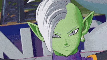a cartoon character with a green head and white hair stands in front of the letter n
