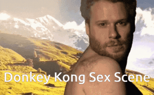 a picture of a shirtless man with the words donkey kong sex scene below him