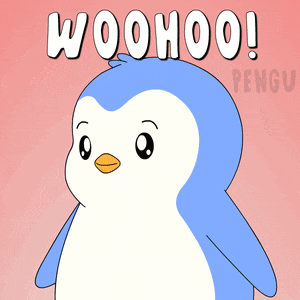 a cartoon penguin says woohoo with its arms up