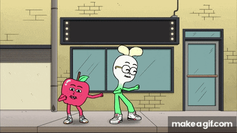 a cartoon of an apple and onion dancing in front of a store