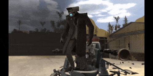 a computer generated image of a man in a suit standing on a vehicle