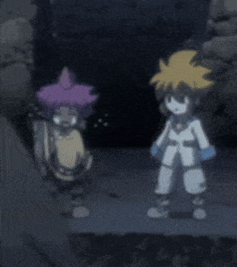 a couple of anime characters standing next to each other in a dark room