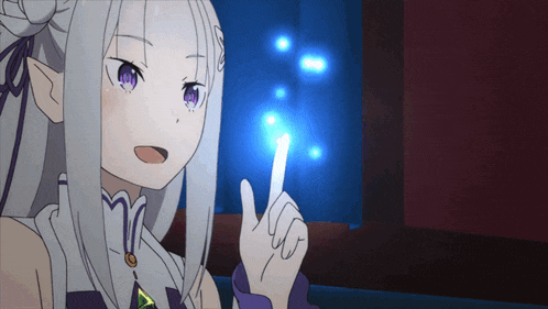 a girl with white hair and purple eyes holds up her finger