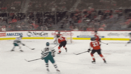a hockey game is being played in front of a novacare sign