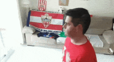 a man in a red shirt is standing in front of a couch with a banner that says almeria on it .