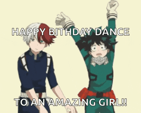 two anime characters , todoroki y midoriya , are dancing together .