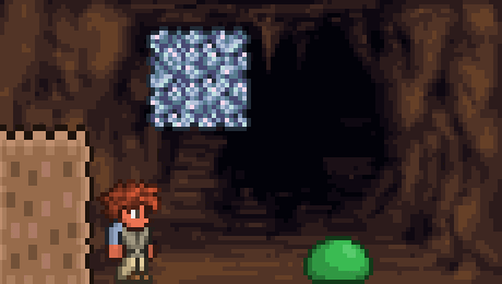 a pixel art of a man standing in a cave
