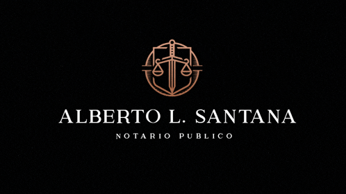a logo for alberto l. santana notario publico with scales of justice