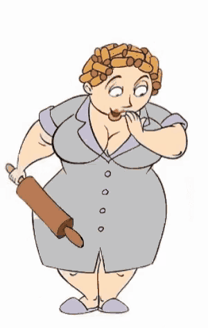 a cartoon of a woman holding a rolling pin licking her lips