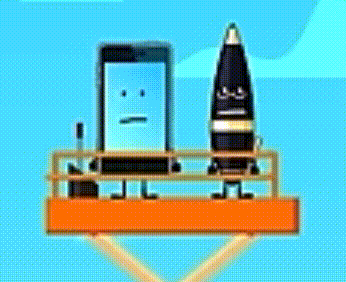 a cartoon drawing of a cell phone and a rocket on a platform