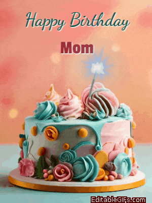 a happy birthday mom card with a colorful cake and a sparkler