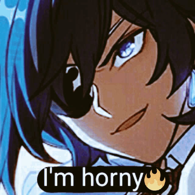 a close up of a cartoon character with the words i 'm horny