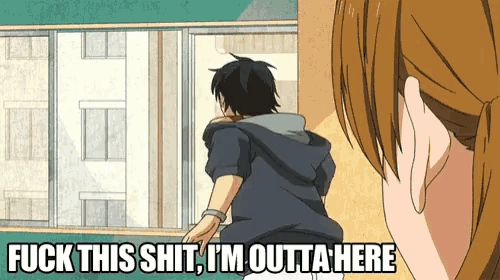 a cartoon of a man looking out a window with the words " fuck this shit i 'm outta here " below him