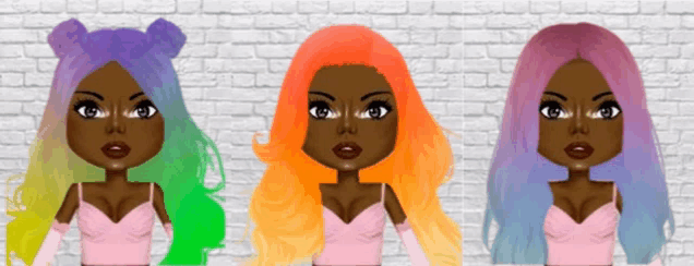 three dolls with different colored hair are standing in front of a brick wall