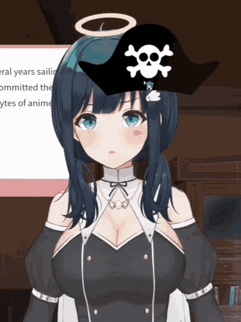 a girl is wearing a pirate hat with a skull on it