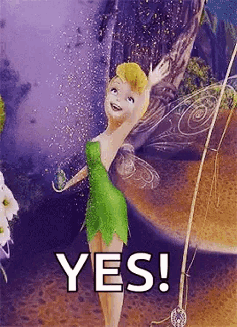 tinkerbell from disney 's tinkerbell is holding a fishing rod and waving .