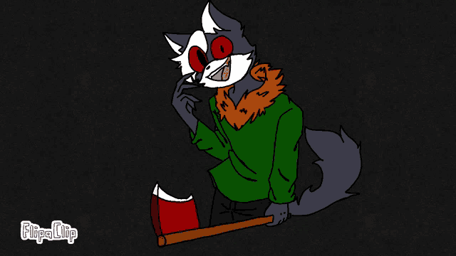 a cartoon drawing of a wolf holding an axe with flipaclip written on the bottom