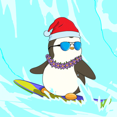 a penguin wearing a santa hat sunglasses and a lei is riding a surfboard
