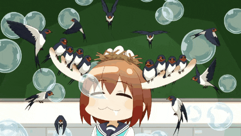 a girl is surrounded by birds and bubbles while a nest is on her head
