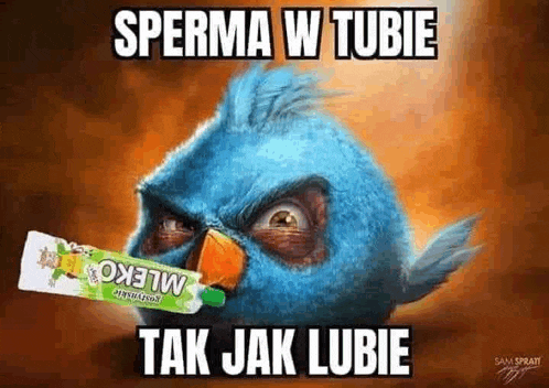 an angry bird is holding a tube of sperm in its beak .
