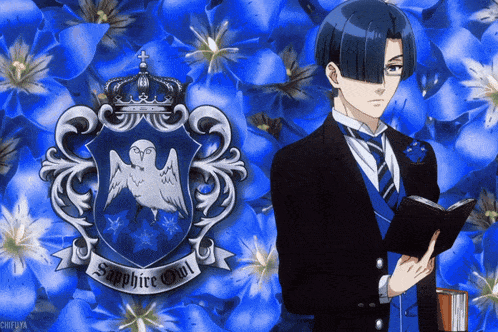a man in a suit and tie is holding a book in front of a sapphire owl crest