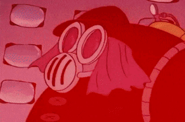 a cartoon character wearing goggles and holding a purple object