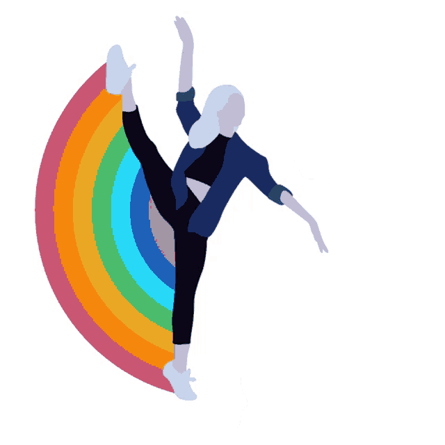a silhouette of a woman doing a split with a rainbow in the background