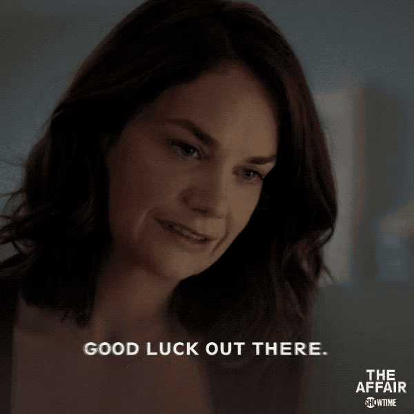 an advertisement for the show the affair shows a woman smiling and saying good luck out there