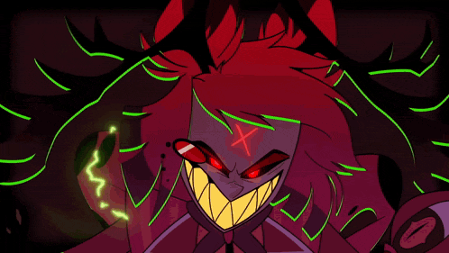 a cartoon drawing of a demon with green lightning coming out of its head