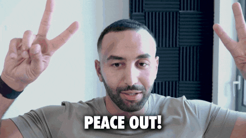 a man making a peace sign with the words peace out written below him