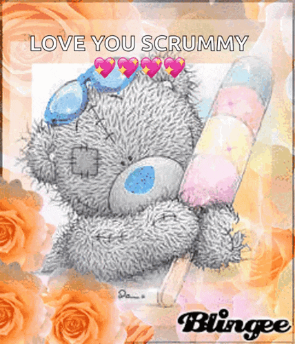 a picture of a teddy bear holding an ice cream cone with the words " love you scrummy " written above it