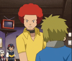 a cartoon character with a red afro stands next to another character with green hair
