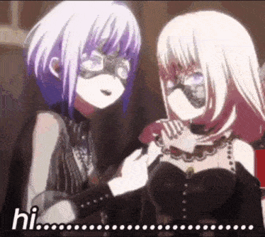 two anime girls wearing masks are talking to each other .