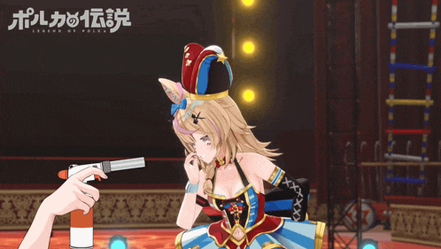 a person holding a flamethrower in front of a sign that says legend of polka on it