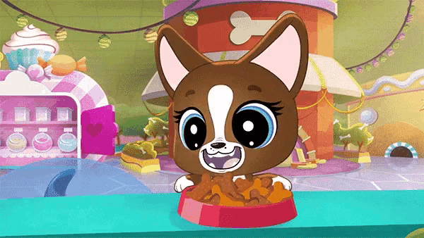 a cartoon dog is eating food from a bowl and smiling