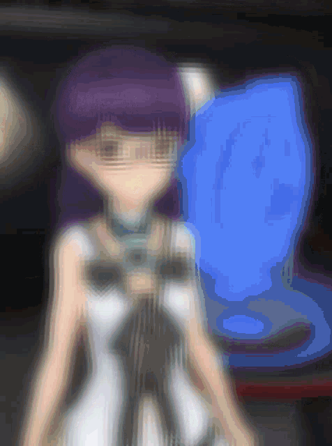 a blurry image of a girl with purple hair and a white dress