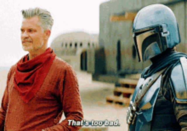 two men are standing next to each other and one of them is saying that 's too bad