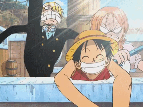 monkey d luffy is smiling in a bathtub while sanji and nami watch