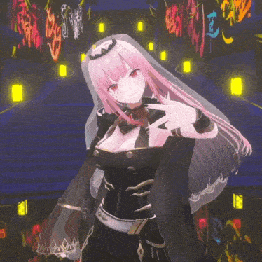 a girl with pink hair and red eyes is wearing a black dress and veil