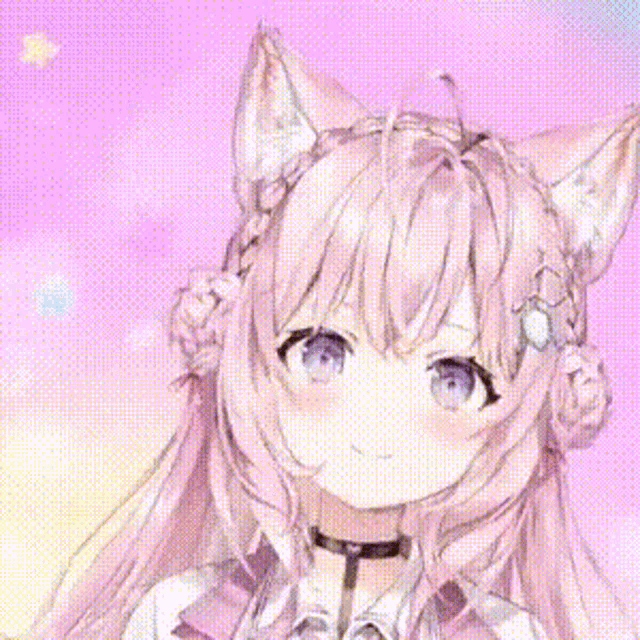 a close up of a pink anime girl with cat ears and a choker .
