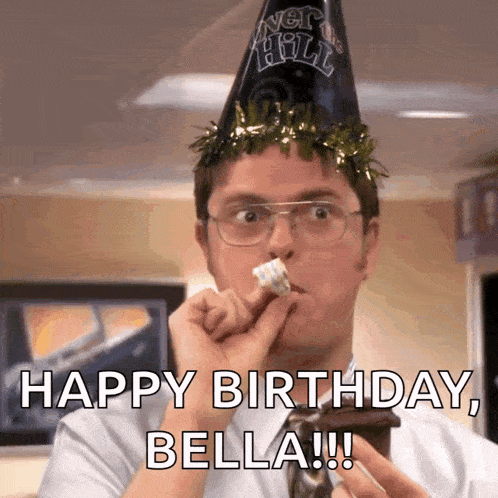a man wearing a party hat is eating a piece of cake with the caption happy birthday bella !!!