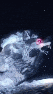 a painting of a white wolf with red eyes