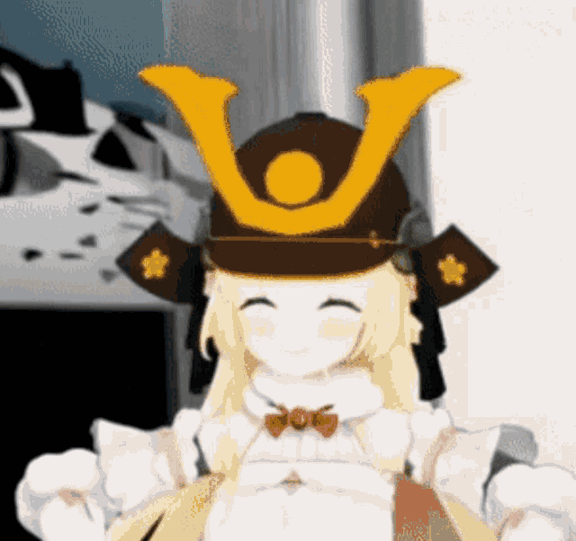 a cartoon girl wearing a samurai hat with a yellow letter v on it